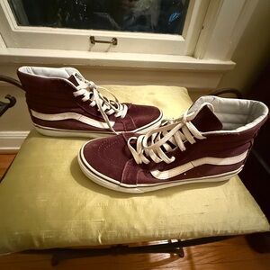 Burgundy High-Top Vans Sneakers with White Stripes